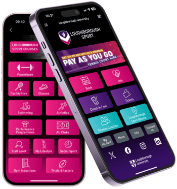 Two iPhones displaying the Loughborough Sport app on their screens